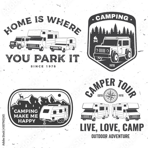 Set of rv camping badges, patches. Vector. Concept for shirt or logo, print, stamp or tee. Vintage typography design with RV Motorhome, camping trailer and off-road car silhouette.