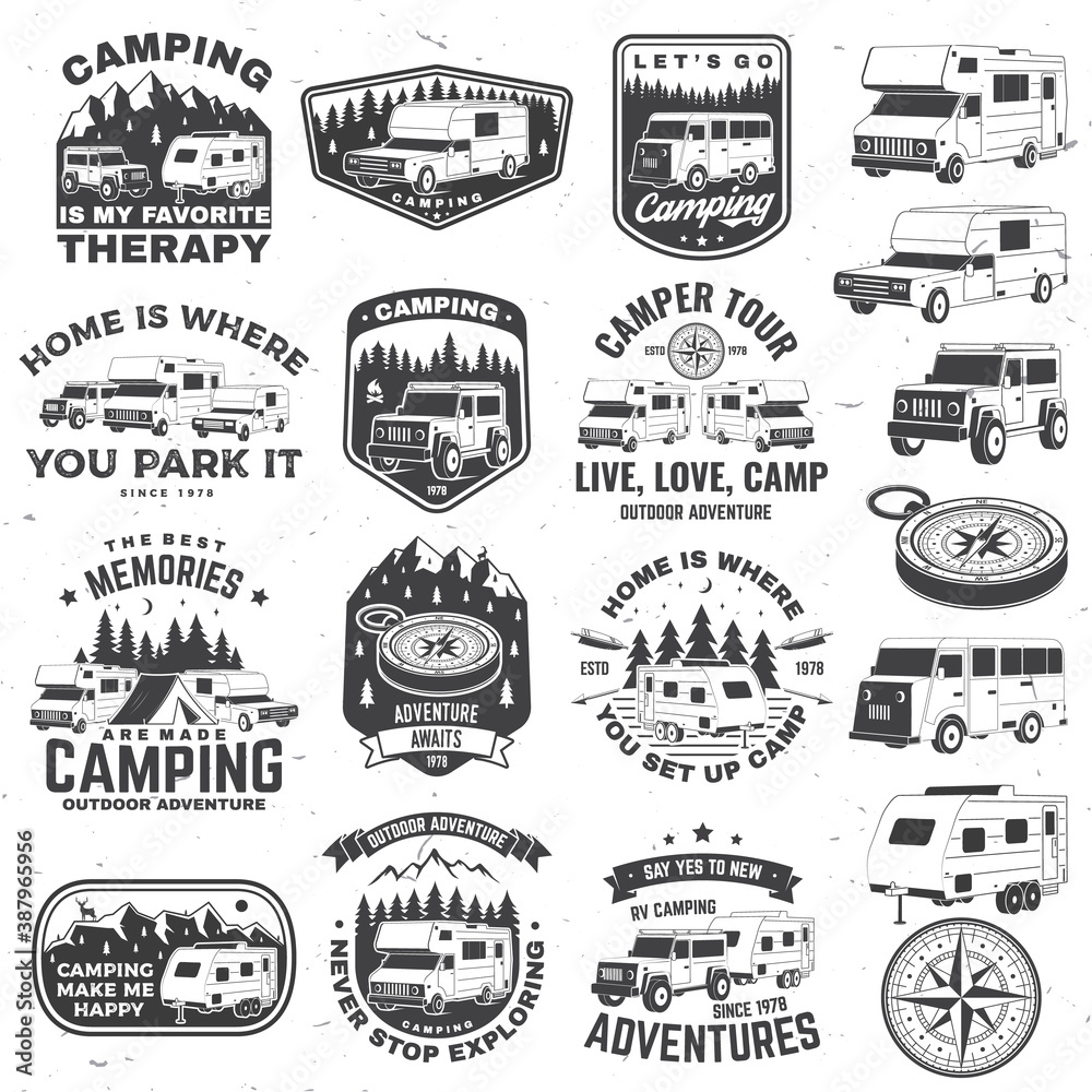 Set of rv camping badges, patches. Vector. Concept for shirt or logo, print, stamp or tee. Vintage typography design with RV Motorhome, camping trailer and off-road car silhouette. - obrazy, fototapety, plakaty 