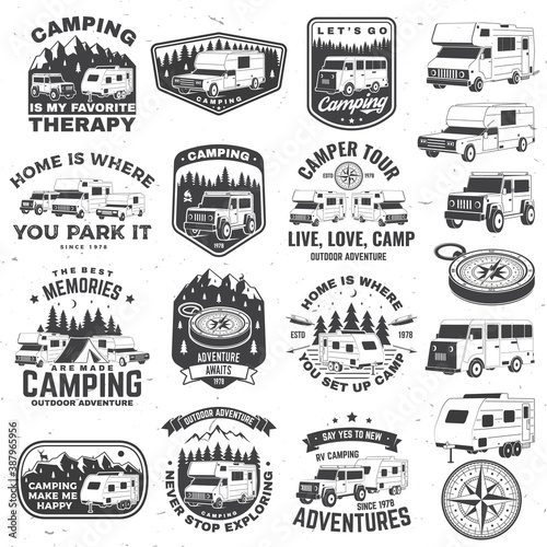 Set of rv camping badges, patches. Vector. Concept for shirt or logo, print, stamp or tee. Vintage typography design with RV Motorhome, camping trailer and off-road car silhouette. photo