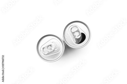 Flat lay of Two aluminum can opened and closed on white background 