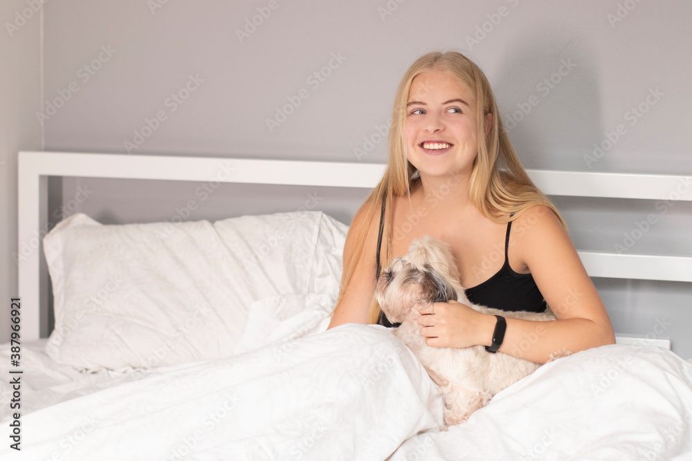 beautiful blonde with a puppy shih-tzu on bed with white sheets. pretty people and pets on isolation. beautiful blonde with a puppy shih-tzu on bed with white sheets. pretty people and pets on isolation.