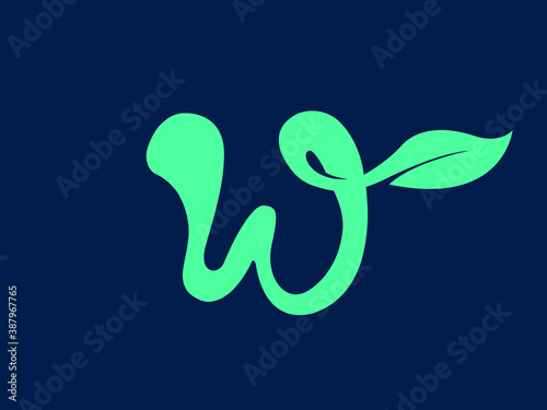 Letter W logo.Typographic icon isolated on dark background.Script lettering sign with green leaf shape. Alphabet initial.Fresh hand drawn style calligraphy for ecological, natural brand.