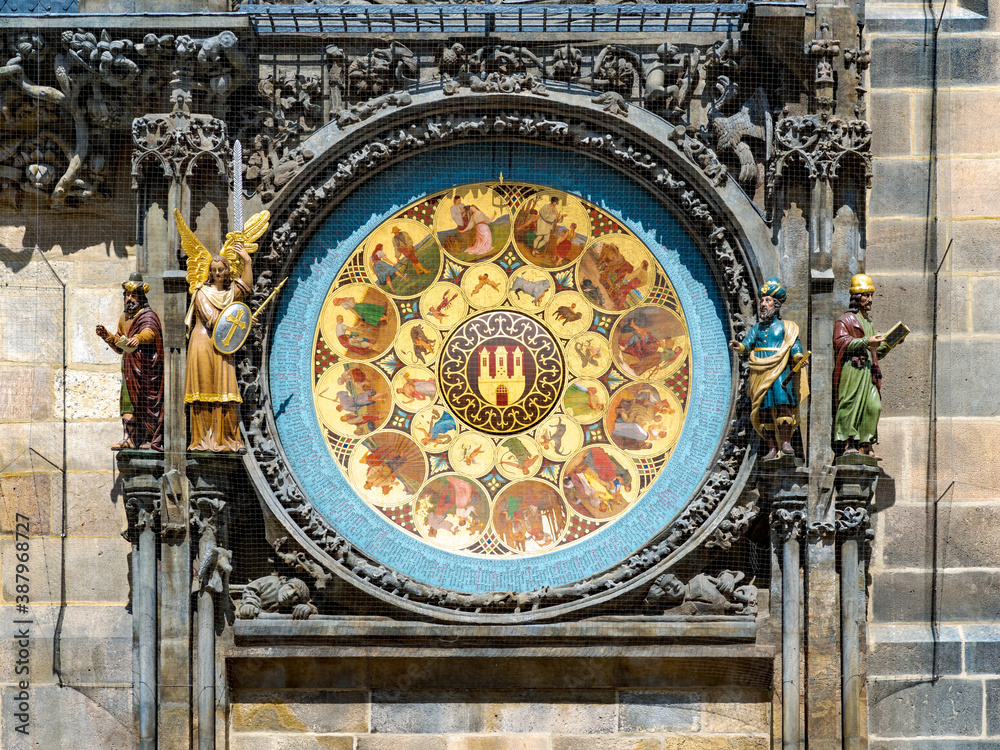 Detail of Lower Part of the Astronomical Clock Decorated with Astrological and Christian Symbols, a Prague Cultural Monument Frequently Visited by Tourists in the Czech Republic