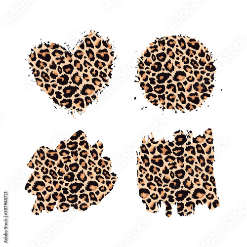 Leopard print textured hand drawn brush strokes set. Abstract grunge paint spots with wild animal cheetah skin pattern texture. Vector design elements for fashion print design, tag, card, backgrounds