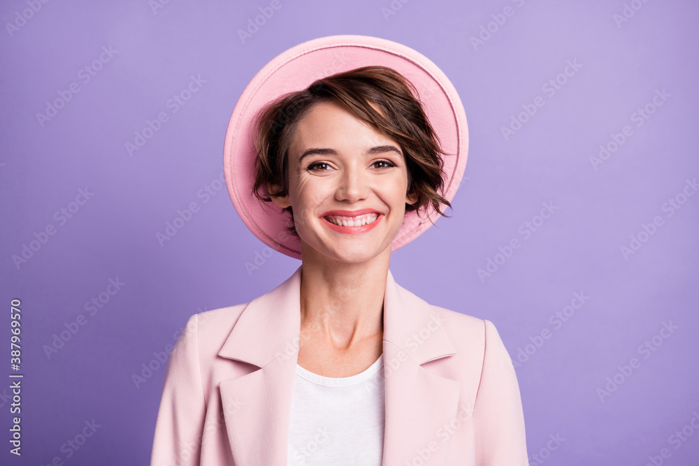Photo of cute smiling girl woman wear pink vintage outfit cap isolated purple color background Photo of cute smiling girl woman wear pink vintage outfit cap isolated purple color background