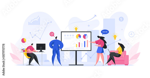 Team of people evaluate infographic annual report cartoon concept. Female and male characters are analyzing financial profit