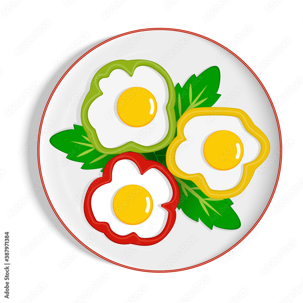 scrambled eggs in bell pepper with greenery white plate, omelet, vector scrambled eggs in bell pepper with greenery white plate, omelet, vector