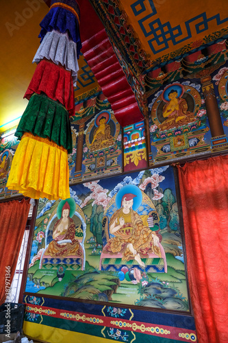 Gangtok, India - October 2020: Interior of the Sera Jey Drophenling Monastery in Gangtok on October 23, 2020 in Gangtok, Sikkim, India.