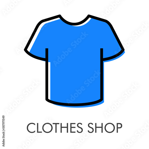 Tienda de ropa. Logotipo con texto Clothes Shop con camiseta t lineal con color azul