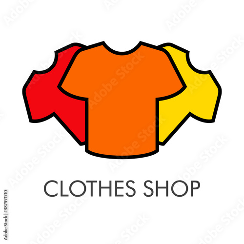 Tienda de ropa. Logotipo con texto Clothes Shop con camiseta t lineal con varios colores