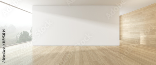 3d render of modern empty room with wooden floor and large plain wall. photo