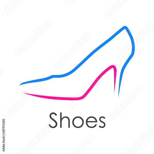 Tienda de zapatos. Logotipo con texto Shoes con zapato de mujer de tacón alto lineal en azul y rosa
