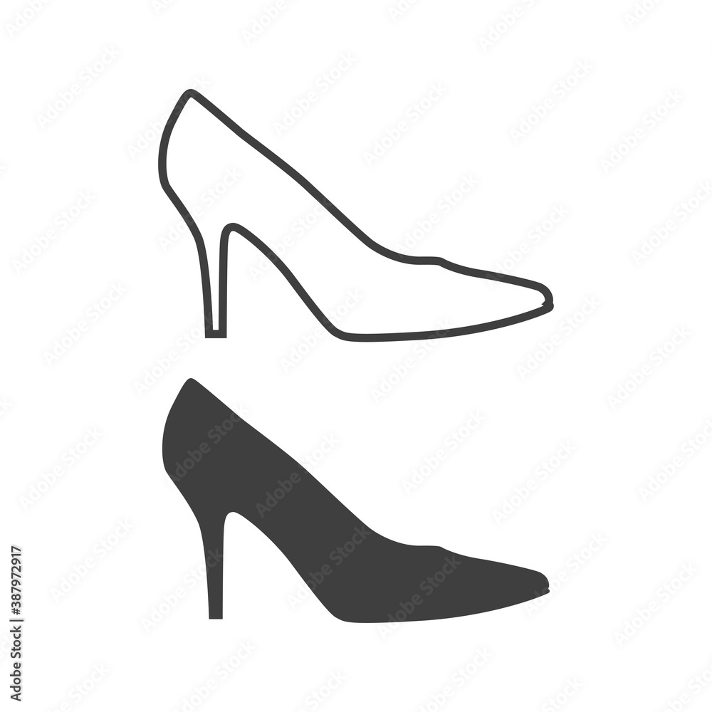 Tienda de zapatos. Logotipo con zapatos de mujer de tacón alto lineal y relleno en color gris