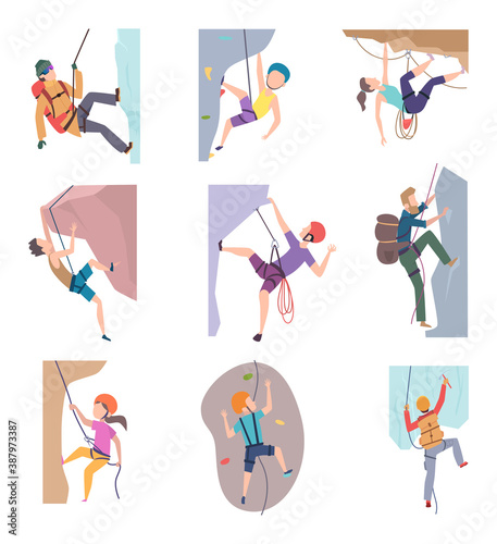Hiking people. Extreme lifestyle mountain climbing characters kids and adults vector pictures. Illustration climbing bouldering and outdoor journey