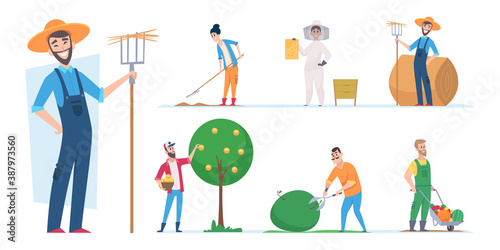 Farmers characters. Agricultural workers ethnic people vector illustrations cartoon. Character farmer worker, farming man with pitchfork