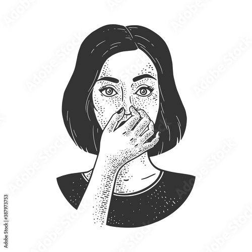 Bad smell stench stink. Girl holding nose with fingers sketch engraving vector illustration. T-shirt apparel print design. Scratch board imitation. Black and white hand drawn image.