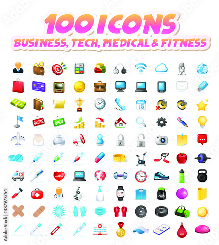 Set of 100 Realistic High Quality Colorful Icons on White Background . Isolated Vector Elements