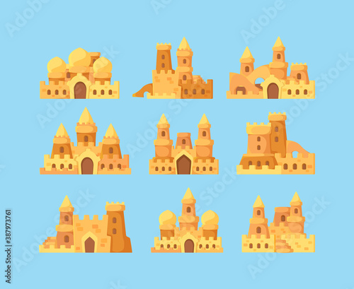 Sandcastles for kids. Vacation activities children builders making sandcastles fortress palace near ocean vector cartoon. Fortress childhood, cartoon making palace illustration