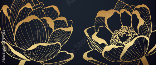 Luxury wallpaper design with Golden lotus and natural background. Lotus line arts design for fabric, prints and background texture, Vector illustration.