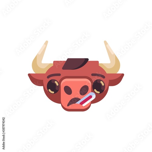 Sick Bull emoji flat icon, vector sign, Horned Ox with thermometer colorful pictogram isolated on white. Symbol, logo illustration. Flat style design