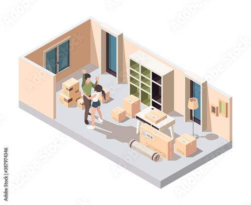 Couple moving packing. Happy young family opening packages in new house home apartments vector isometric concept. Illustration couple woman and man move in new house
