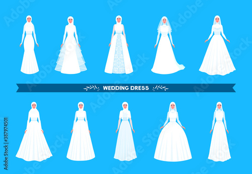 Muslim wedding dresses. Different styles. Islamic, Arabic traditional ceremonial gown. Collection of various dress designs. A vector cartoon illustration set.