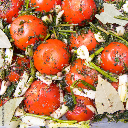 Salted tomatoes in brine spices dill, parsley, pepper, cloves, Bay leaf, celery, close-up, background, space copy,