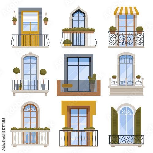 Balcony decor. Building wall front view facade with modern balcony vector architecture illustrations. Facade balcony, building decoration exterior outdoor view