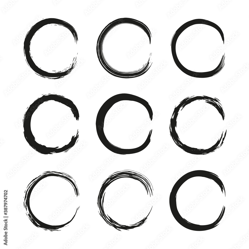 Set of hand drawn black grunge painted round frames isolated on white background. Set of hand drawn black grunge painted round frames isolated on white background.