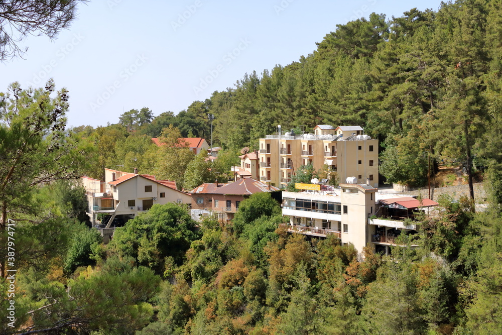 Fototapeta premium Aerial view of Pano Platres village, winter resort, on Troodos mountains, Cyprus.