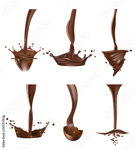 Chocolate splashes. Stream liquid delicious chocolate drops hot sauce vector realistic. Chocolate cocoa drop, stream delicious fluid illustration