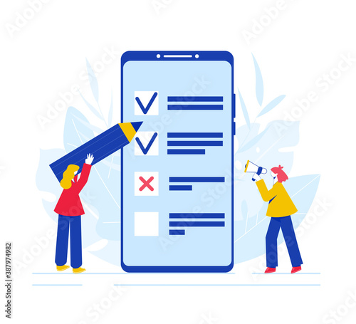 Online survey concept. Women going through the survey on the smartphone screen and speaking into loudspeaker.