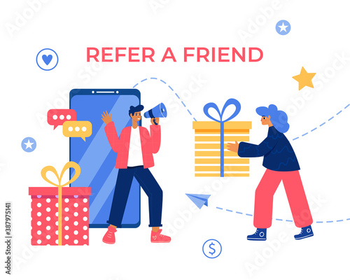 Refer a friend concept. Man and woman with megaphone and gift boxes.