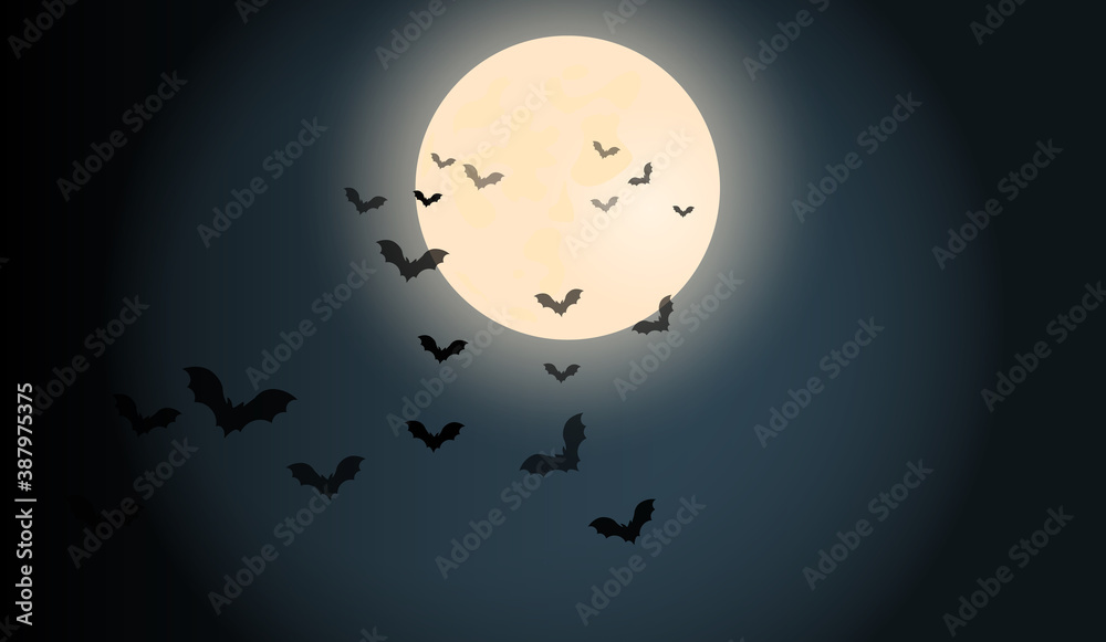 Halloween dark night sky. Bats fly to the bright moon. Festive gloomy (terrible) atmosphere. Vector. Colored. Halloween background.
