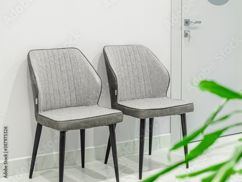 Fototapeta Naklejka Na Ścianę i Meble -  Two empty gray designer chairs, closed door with key and green houseplant in the foreground in a medical waiting room in a white clinic interior.