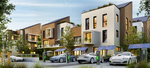 Modern apartment buildings and fast electric car charging stations photo