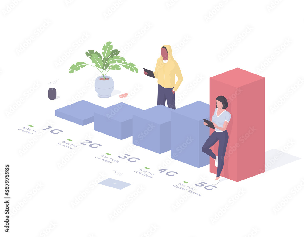 People compare power 5g with other networks isometric concept. Male and female characters with tablets testing speed.