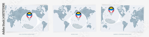 Three versions of the World Map with the enlarged map of Antigua and Barbuda with flag.