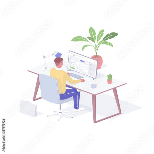 Office manager working with cloud service isometric illustration. Male character at computer connects remote online storage.