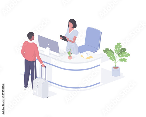 Man buying tickets at box office isometric illustration. Male character with travel bag makes order for air flight.