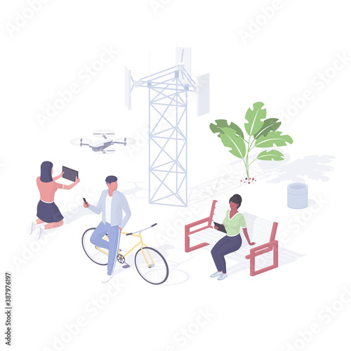 People enjoy 5g isometric illustration. Female characters with tablets testing new innovative network.