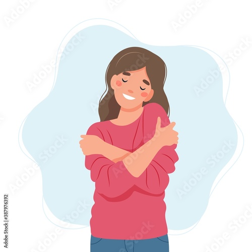 Self love concept, woman hugging herself, vector illustration in flat style