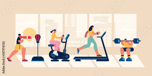 Cartoon sportive people exercising with various equipment in gym
