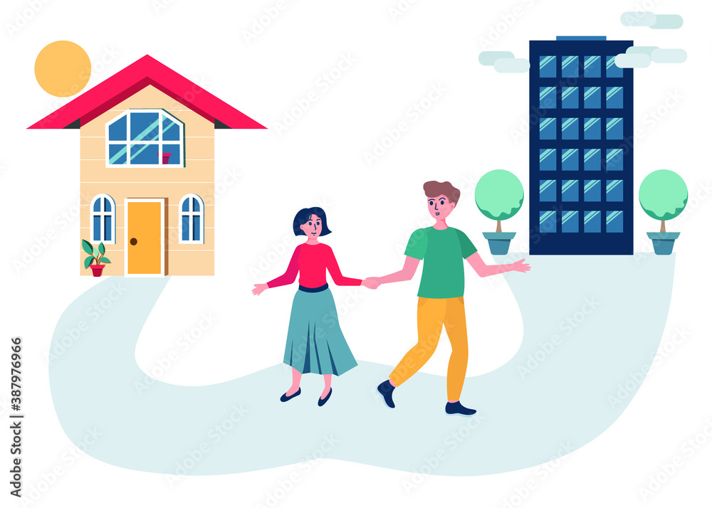 Young couple choosing what to buy house or flat Young couple choosing what to buy house or flat