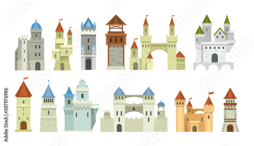 Castle medieval tower set. The fairytale medieval tower, facade mansion princess castle, fortified palace with gates, fabulous king citadel, medieval buildings, historical towered house