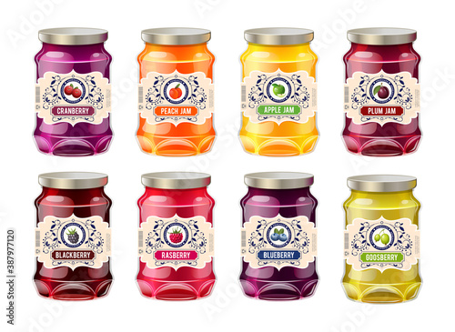 Jar label mockup. Glass realistic jars with labels fruit jam. Retro vintage templates for labels of berry jam - strawberry, kiwi, orange, cherry. Templates packaging for jam identity, branding