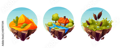 Game islands collection. Desert with cactus, land landscape with marshy surface, grassy landscape with river systems, house. Nature landscape of earth for game design