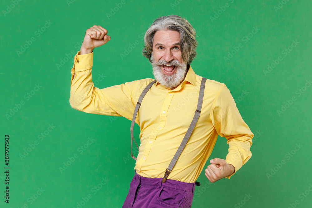Joyful happy elderly gray-haired mustache bearded man in casual yellow shirt suspenders clenching fists doing winner gesture looking camera isolated on bright green colour background, studio portrait.