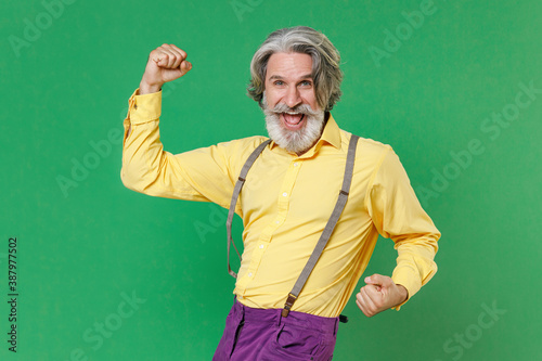 Joyful happy elderly gray-haired mustache bearded man in casual yellow shirt suspenders clenching fists doing winner gesture looking camera isolated on bright green colour background, studio portrait.