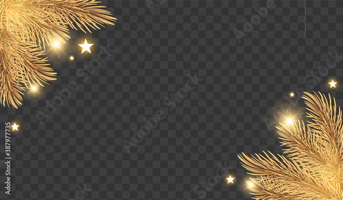 Christmas Shining holiday background with gold fir tree branches, stars and lights